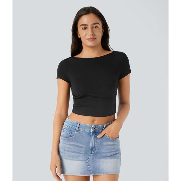 Halara Tops - NWT Halara boat neck black baby tee cropped Size XL